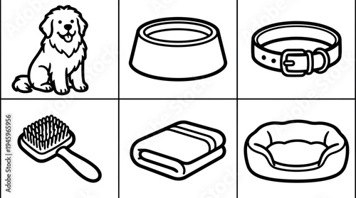 Black and white line art set of dog with collar brush food bowl blanket and pet bed icons in minimalist vector style