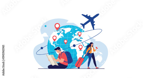 Travelers with backpacks and luggage standing before a giant globe with location pins and a flying plane to represent global tourism.