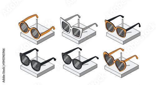 Collection of various stylish sunglasses in different frames and colors presented on white display stands for a retail shop catalog.