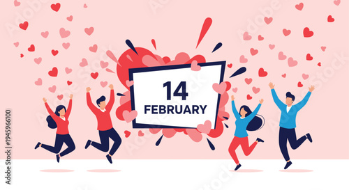 Group of happy people jumping with joy around a large February 14 calendar sign surrounded by floating hearts to celebrate Valentine Day.