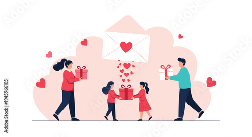 Happy family members exchanging gifts and love letters under a giant envelope with hearts to celebrate Valentine Day together.