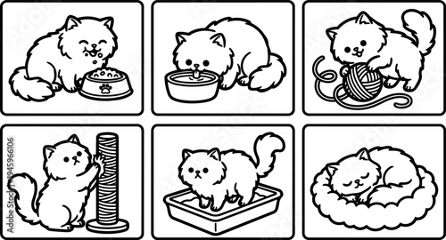 Cute fluffy cat eating drinking playing scratching box sleeping six square cartoon vector icons set