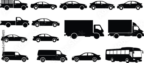 Vehicle silhouette collection, car truck van bus vector, transportation design, automotive illustration, black profile shapes, mobility graphic, traffic icon set