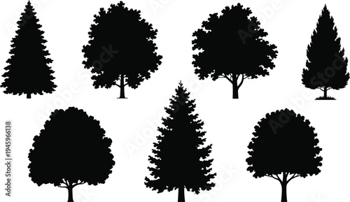 Tree silhouettes collection, diverse botanical shapes, conical and rounded canopies, foliage patterns, landscape design resource, ecology vector illustration pack