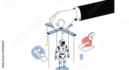 Large hand acting as a puppet master to control a robot with strings, representing human control over artificial intelligence and tech.