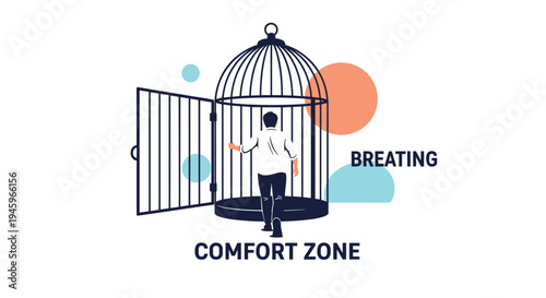 Determined man walking out of an open cage labeled comfort zone to embrace new challenges and professional growth opportunities.