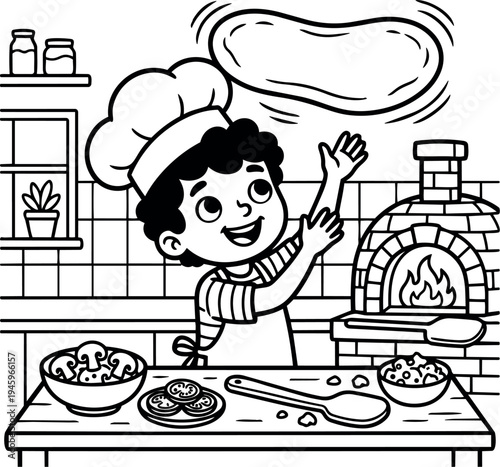 Black and white line art happy boy chef tossing pizza dough in kitchen near brick oven with cooking ingredients on table