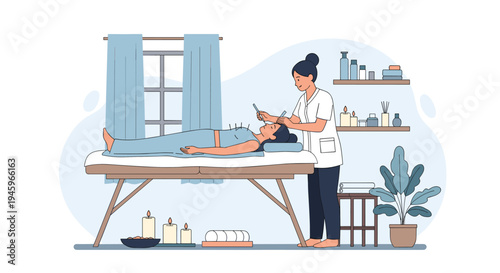 Professional therapist performing an acupuncture treatment on a female patient in a calm and relaxing spa or wellness clinic.