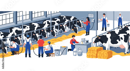 Busy workers managing a modern dairy farm with cows in stalls, milking equipment, and agricultural tools for milk production.