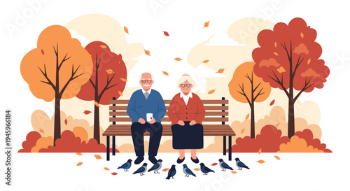 Peaceful elderly couple sitting on a park bench in autumn while surrounded by falling orange leaves and a flock of birds.