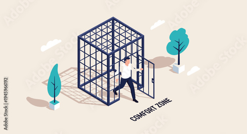 Ambitious man stepping out of a metal cage labeled comfort zone into an open space with trees to represent personal growth.