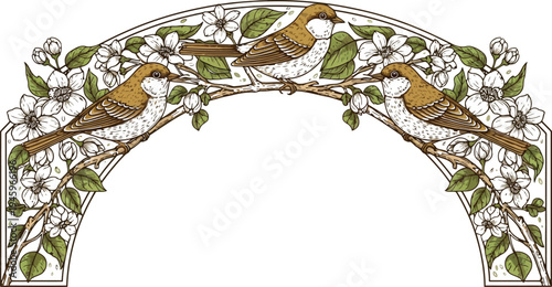 Birds Perched on Blooming Branch Archway Illustration