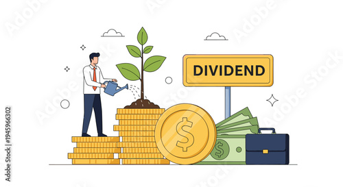 Successful businessman watering a green plant growing from stacks of coins to represent financial dividends and investment growth.