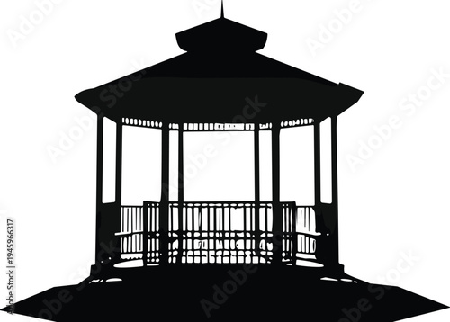 Black Silhouette of Garden Gazebo Pavilion with Elegant Roof for Park Landscape Outdoor Architecture and Backyard Patio Garden Design Illustration
