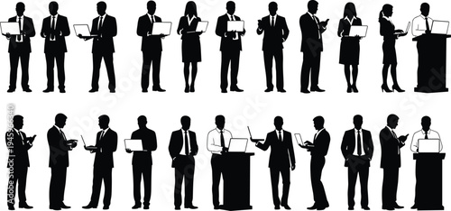 Business professional silhouettes, corporate people vector, laptop tablet smartphone users, podium presentation, office communication, modern workplace technology, formal attire design art