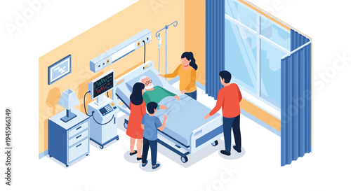 Family members visit an elderly patient in a modern hospital room equipped with heart monitor and medical life support devices.