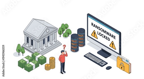Bank security specialist faces ransomware attack on server system with data encryption and extortion message on computer screen.