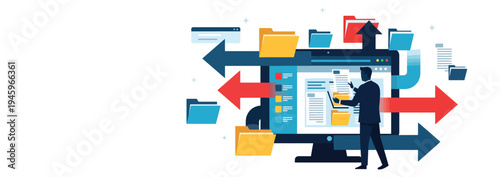 Business executive managing data exchange and file transfer across multiple folders computer screen with arrows pointing in various directions illustrating efficient digital organization system