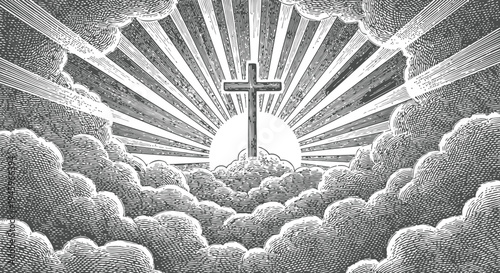 Christian Cross Shining Through Clouds with Sun Rays Stock Illustration