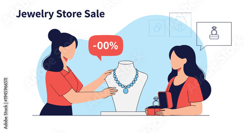 Jewelry store sale promotion featuring two women browsing a luxury collection of necklaces and diamond engagement rings in boxes.