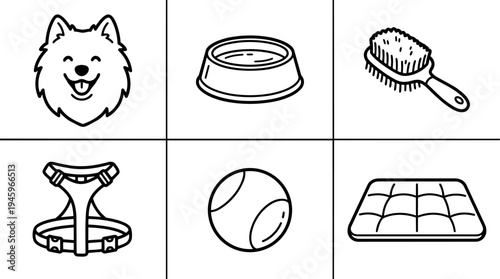 Minimalist line art vector icons set of happy dog face dog bowl grooming brush dog harness tennis ball and dog bed illustration