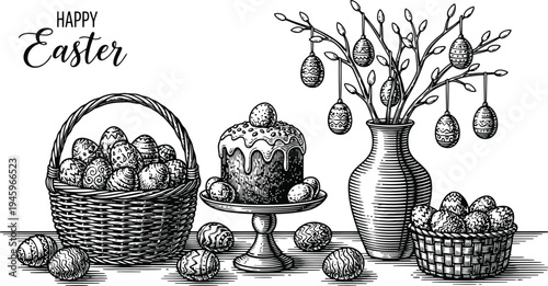 Easter Egg Basket Cake and Pussy Willow Branch Illustration