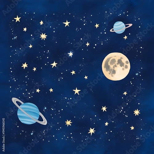 Star Filled Night Sky with Moon and Distant Planets on Deep Blue Cosmic Background, Magical Celestial Space Landscape with Sparkling Stars