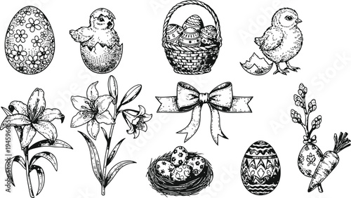 Easter Elements Collection Hand Drawn Sketch Style