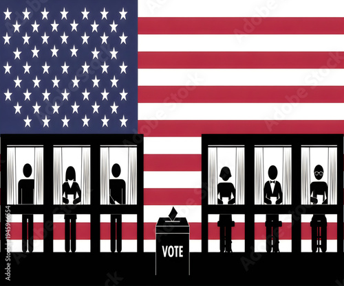 Election with people in voting booths and ballot box