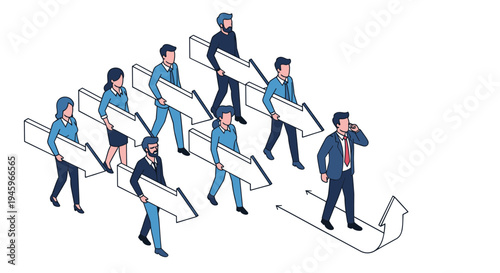 Confident business leader leading a diverse group of employees carrying large white arrows pointing toward a successful future.