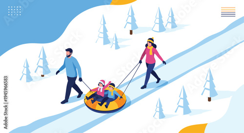 Happy family with kids enjoying winter fun while snow tubing down a slippery hill in a beautiful snowy forest landscape scenery.