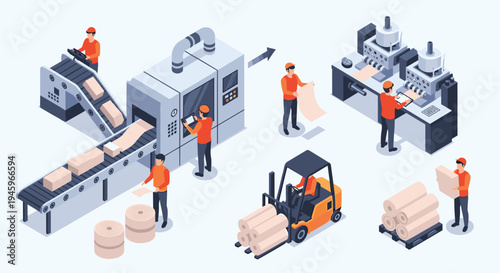 Industrial factory environment with workers operating conveyor belts and heavy machinery for the manufacturing and packaging of goods.