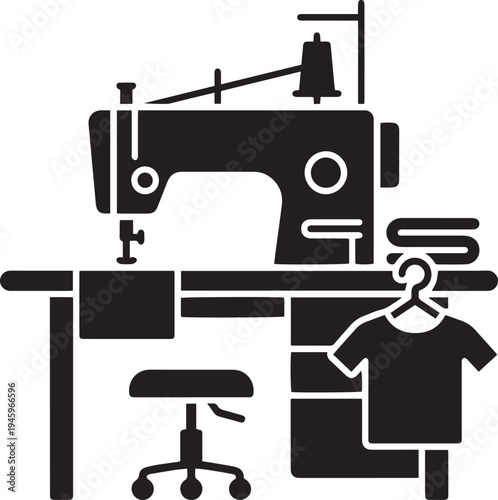 An antique metal sewing machine with a threaded needle sits ready to stitch fabric, serving as a classic tailor tool for traditional clothing craft and textile work