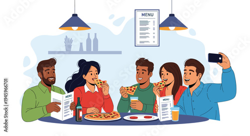 Diverse group of happy friends sharing a pizza dinner and drinks at a restaurant while taking a selfie for social media.