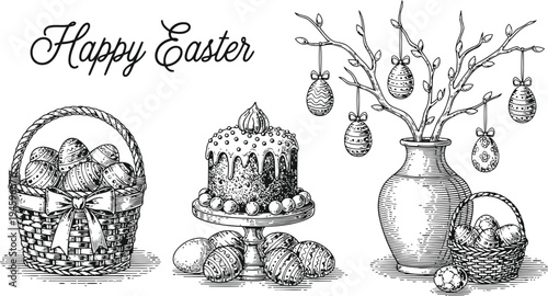 Happy Easter Composition with Decorated Eggs Cake and Basket