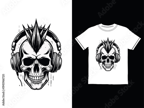 Skull design on a white t-shirt with headphones