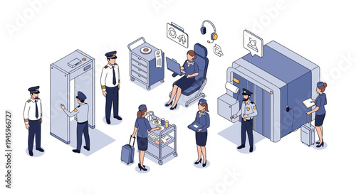 Airport staff including pilots, flight attendants, and security personnel working at a passenger checkpoint and service station.