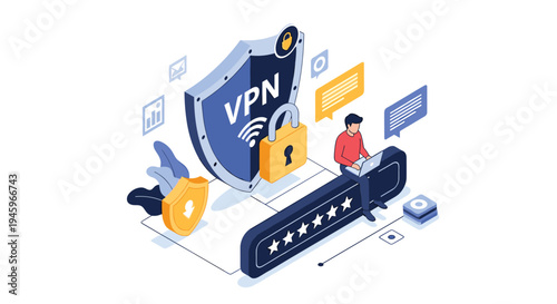 Internet user sitting on a giant password bar protected by a VPN virtual private network shield for secure online browsing.