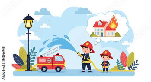 Young children playing as brave firefighters with a toy fire truck and a hose while imagining putting out a house fire.