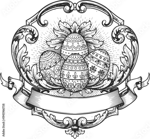Ornate Easter Eggs with Banner and Scrollwork Vintage Style