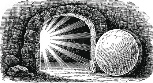 Stone Tomb Entrance With Rolling Stone and Light Rays Engraving Style