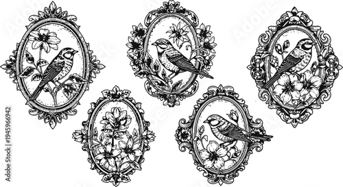Vintage Bird Illustrations in Oval Frames with Floral Motifs