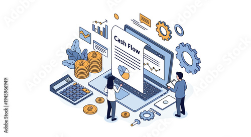 Professional accountants managing business cash flow and financial reports using a laptop, calculator, and data analysis charts.