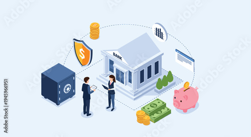 Bank staff assisting a customer with financial services including savings, vault security, and online banking account management.