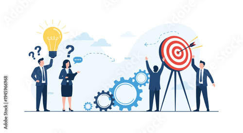 Corporate team working together to achieve a business target with collaborative efforts, innovative ideas, and data analysis.