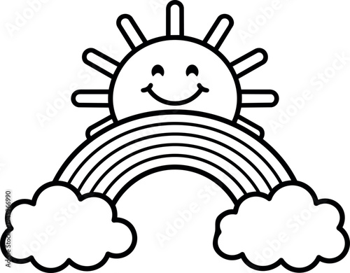 Smiling sun with rays shining over arched rainbow and fluffy clouds outlined in simple black line art vector style