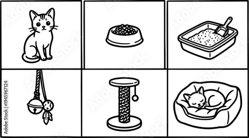 Black and white line drawing of kitten sitting and sleeping near bowl scratching post litter box and hanging toy set simple pet care scheme