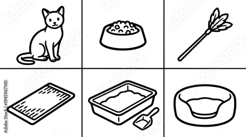 Black and white line art vector set of cat food items including cat sitting food bowl feather mat litter box and pet bed