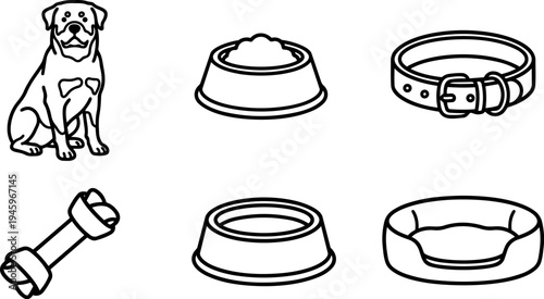 Black line art vector set of dog food bowl collar chew bone pet bed and sitting dog icons