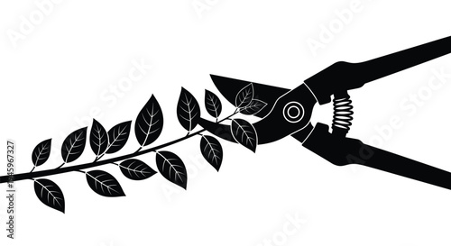Black silhouette of garden pruning shears cutting a leafy branch with spring detail isolated on white background for gardening and growth.